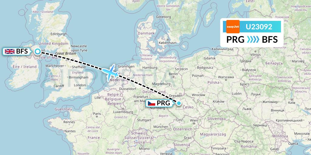 U23092 EasyJet Flight Map: Prague to Belfast