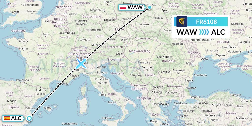FR6108 Ryanair Flight Map: Warsaw to Alicante