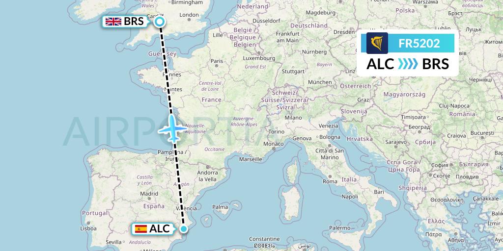 FR5202 Ryanair Flight Map: Alicante to Bristol