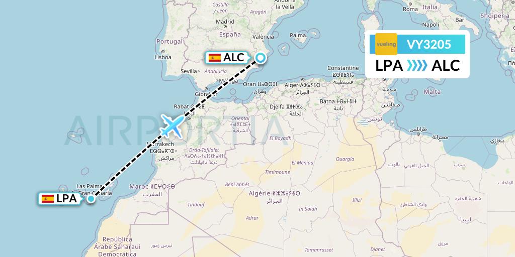 VY3205 Vueling Flight Map: Las Palmas to Alicante