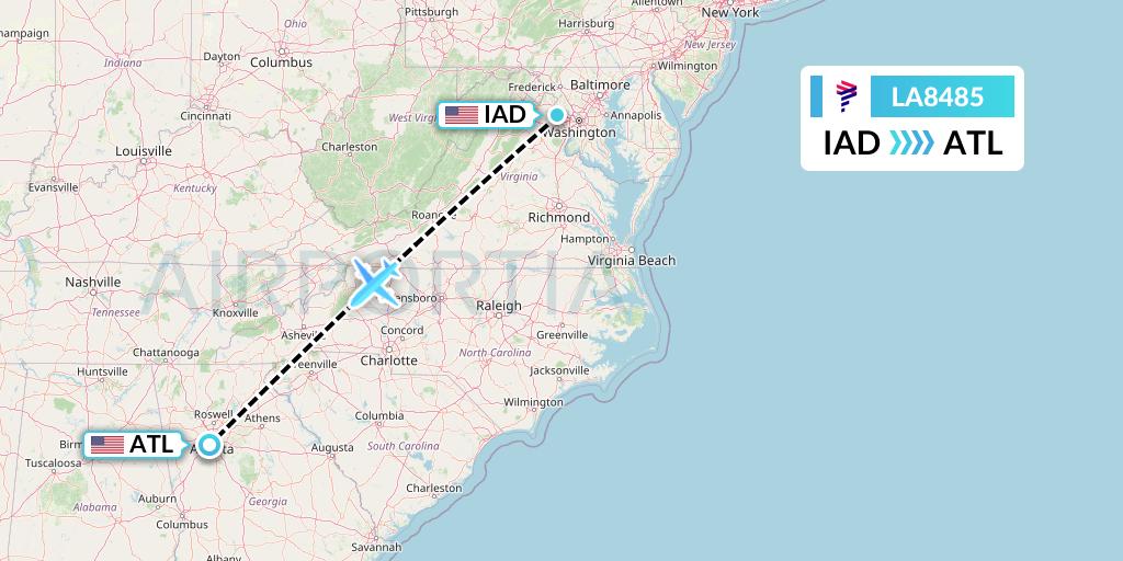 LA8485 LAN Airlines Flight Map: Washington to Atlanta