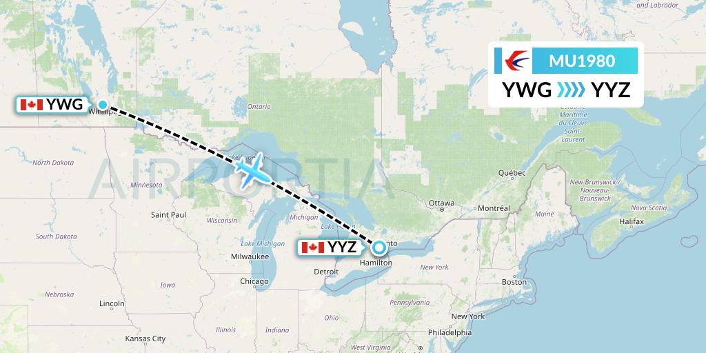 MU1980 China Eastern Airlines Flight Map: Winnipeg to Toronto