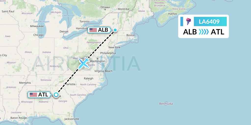 LA6409 LAN Airlines Flight Map: Albany to Atlanta