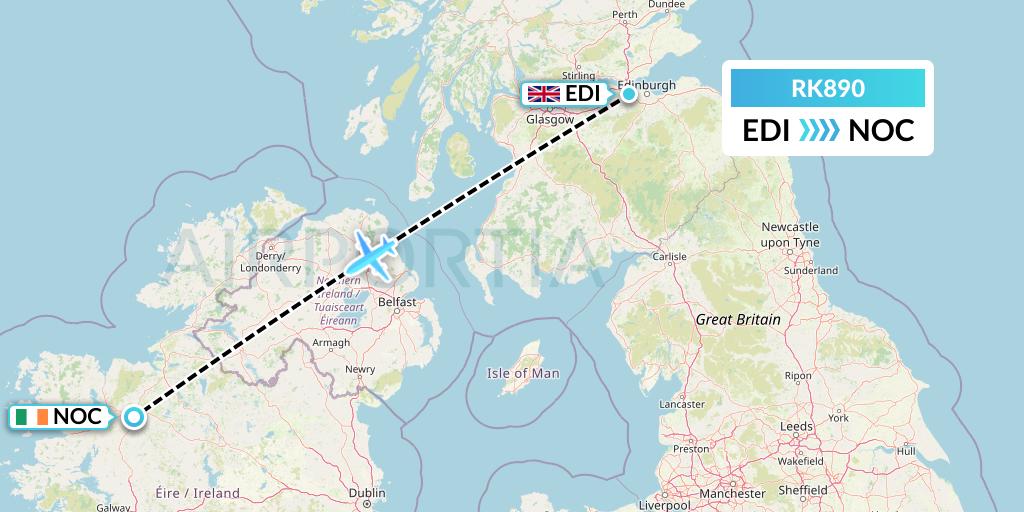 RK890 Ryanair UK Flight Map: Edinburgh to Knock