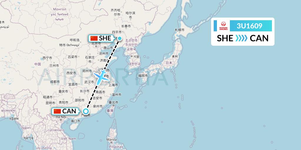 3U1609 Sichuan Airlines Flight Map: Shenyang to Guangzhou