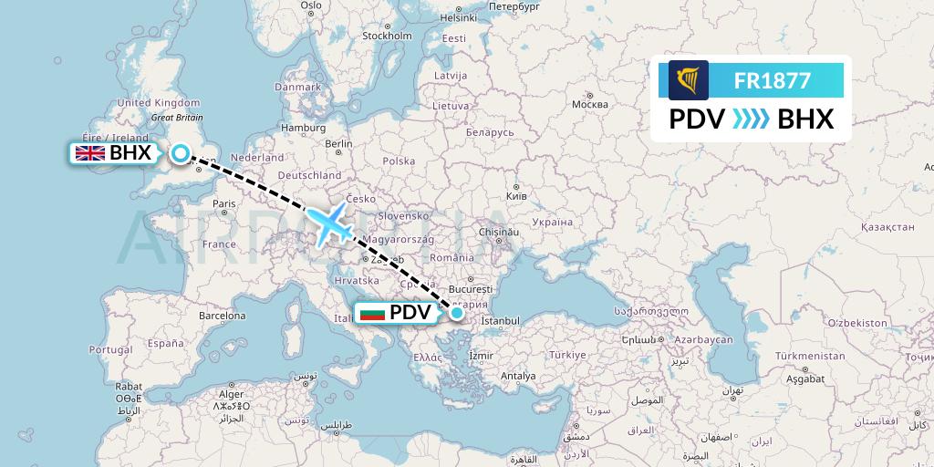 FR1877 Ryanair Flight Map: Plovdiv to Birmingham