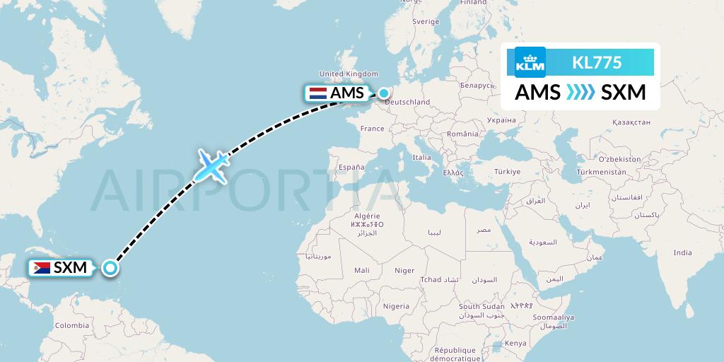 KL775 KLM Flight Map: Amsterdam to Sint Maarten