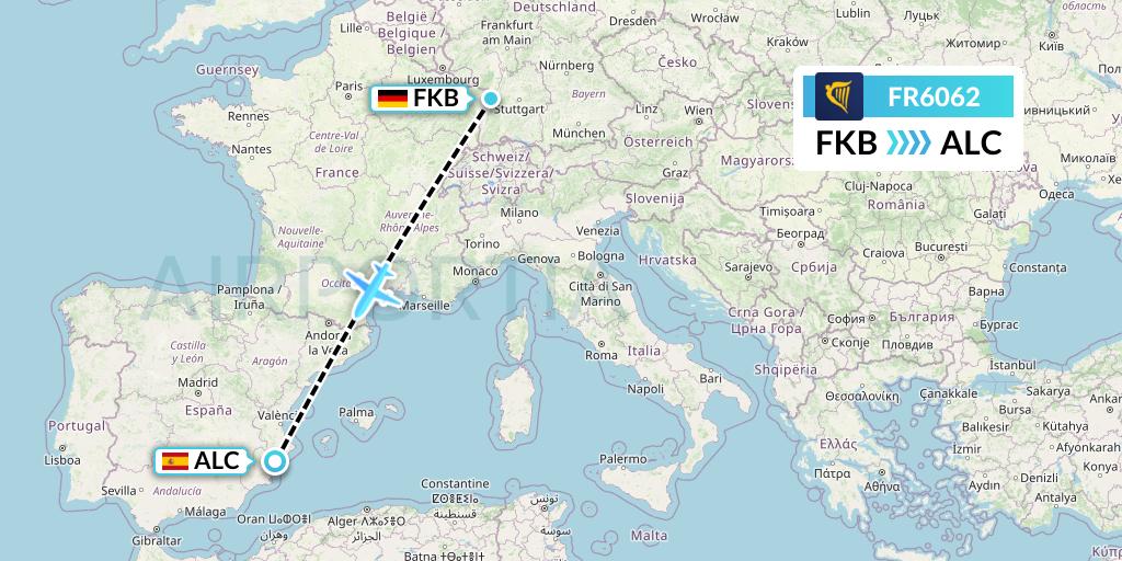 FR6062 Ryanair Flight Map: Karlsruhe/Baden-Baden to Alicante