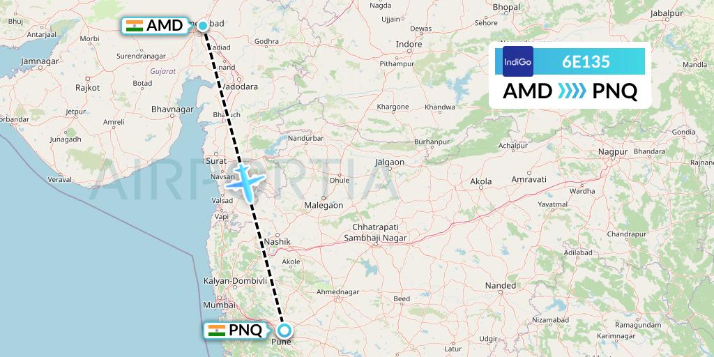 6E135 IndiGo Airlines Flight Map: Ahmedabad to Pune