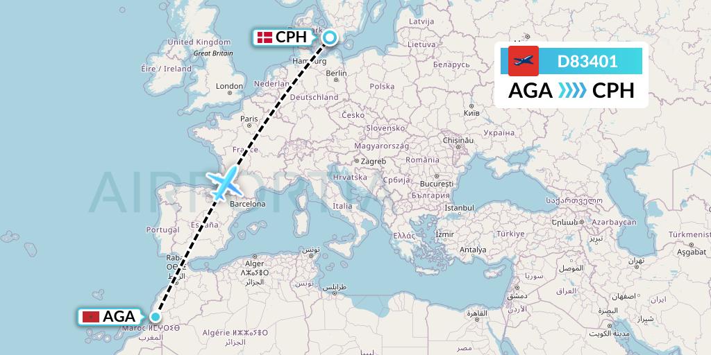 D83401 Norwegian Air International Flight Map: Agadir to Copenhagen