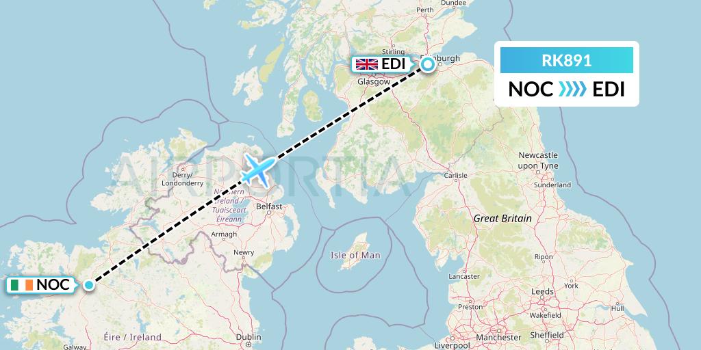 RK891 Ryanair UK Flight Map: Knock to Edinburgh