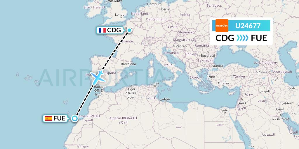 U24677 EasyJet Flight Map: Paris to Fuerteventura