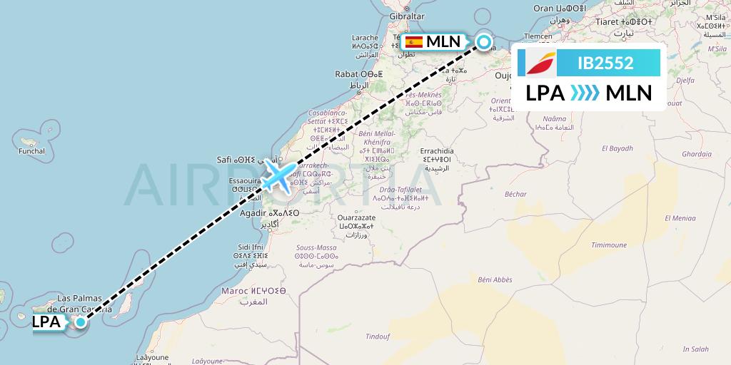 IB2552 Iberia Flight Map: Las Palmas to Melilla