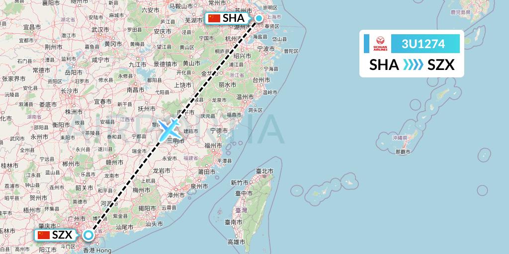 3U1274 Sichuan Airlines Flight Map: Shanghai to Shenzhen