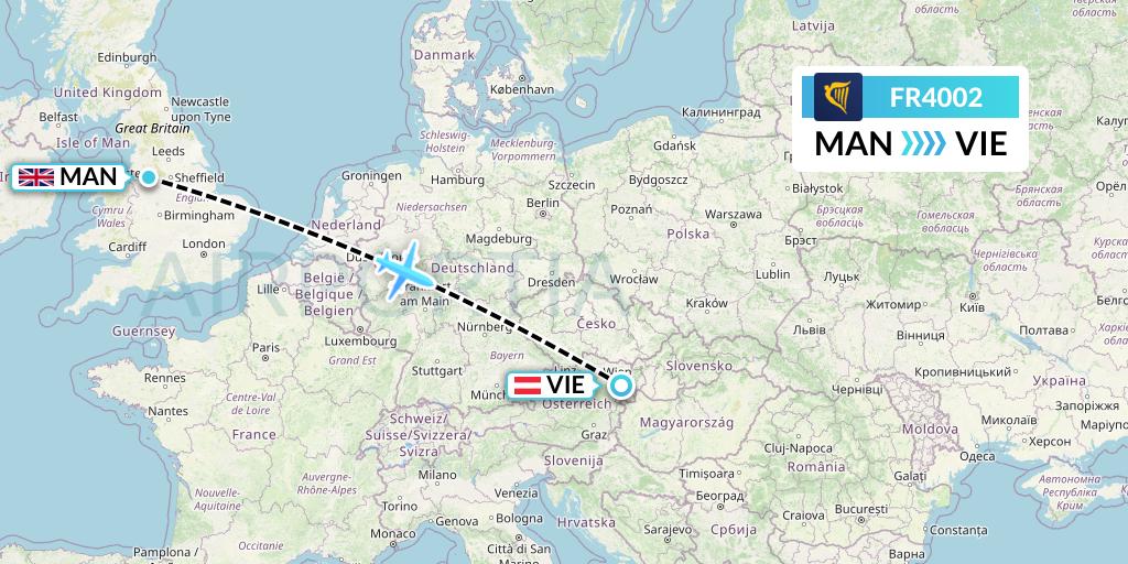 FR4002 Ryanair Flight Map: Manchester to Vienna