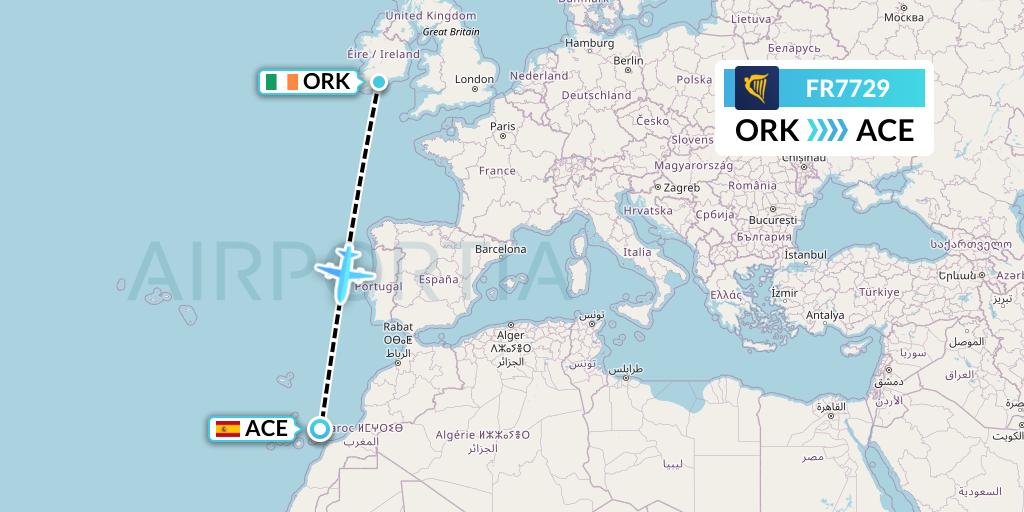 FR7729 Ryanair Flight Map: Cork to Lanzarote