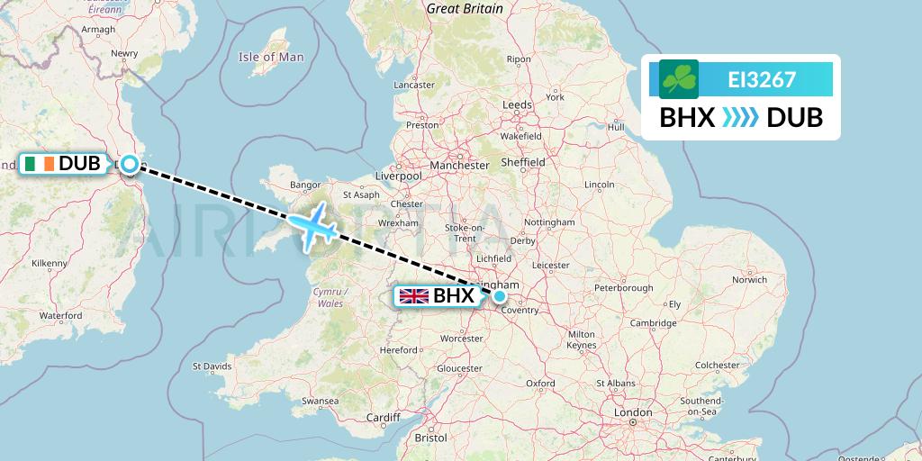 EI3267 Aer Lingus Flight Map: Birmingham to Dublin