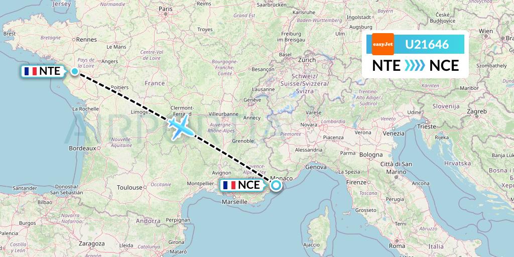U21646 EasyJet Flight Map: Nantes to Nice