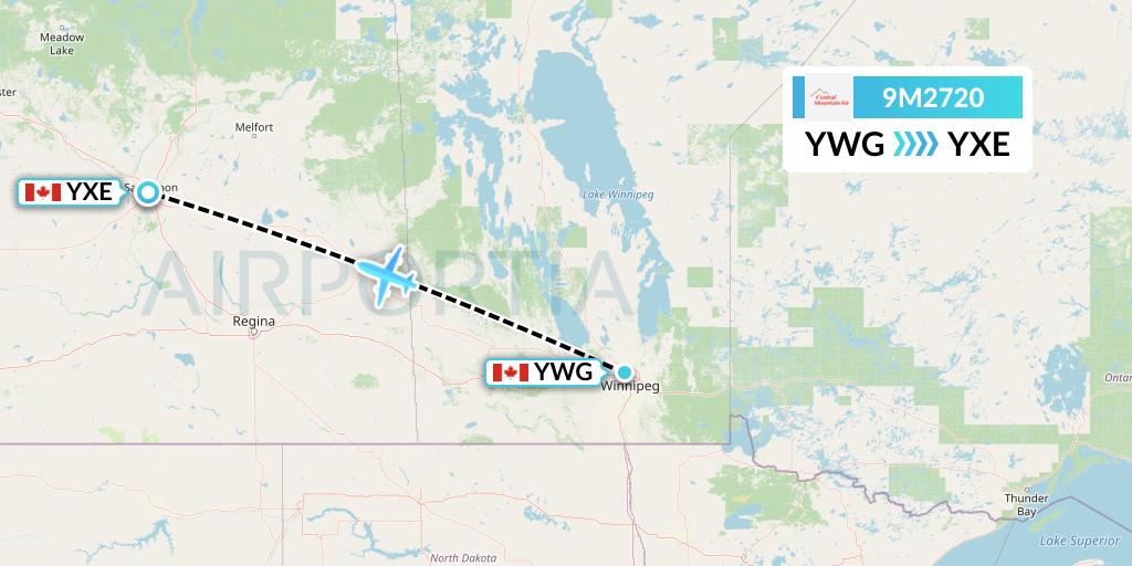 9M2720 Central Mountain Air Flight Map: Winnipeg to Saskatoon