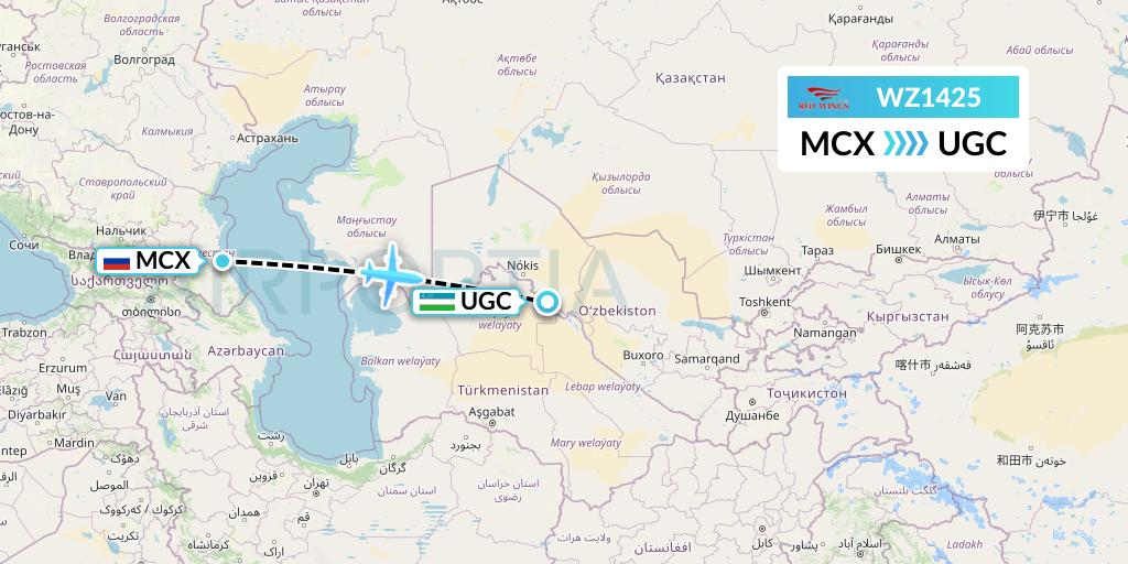 WZ1425 Red Wings Flight Map: Makhachkala to Urgench