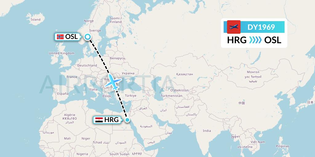 DY1969 Norwegian Flight Map: Hurghada to Oslo