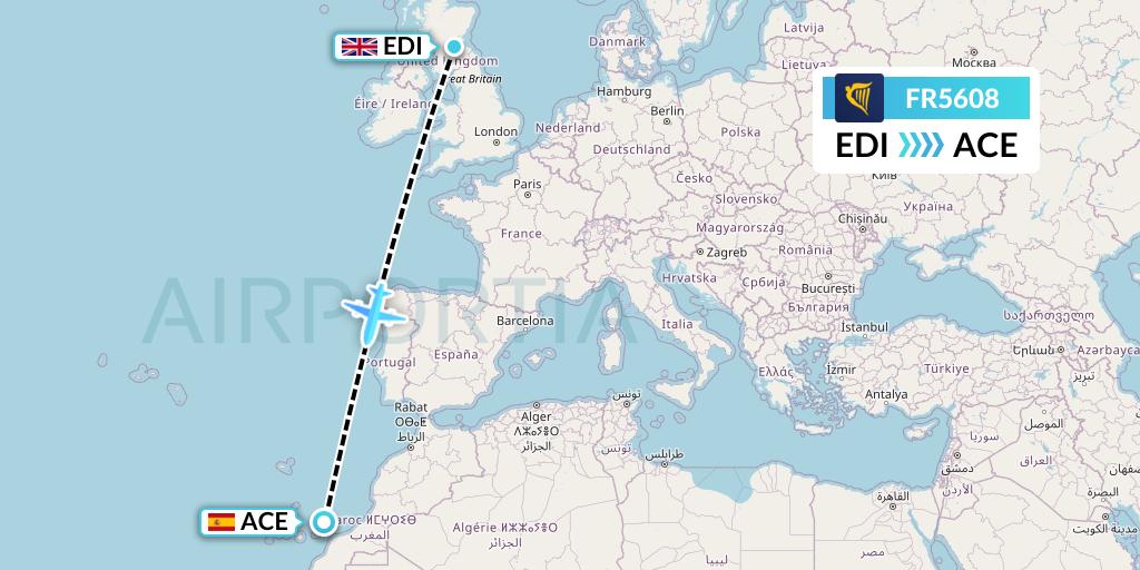 FR5608 Ryanair Flight Map: Edinburgh to Lanzarote