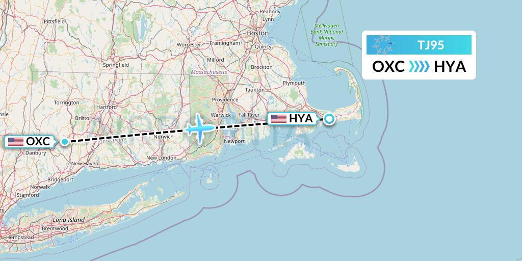 TJ95 Tradewind Aviation Flight Map: Oxford to Hyannis