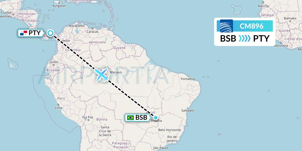 CM896 Copa Airlines Flight Map: Brasilia to Panama City