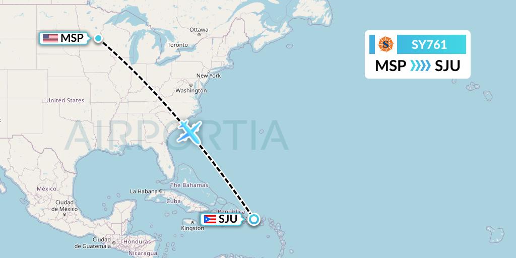SY761 Sun Country Airlines Flight Map: Minneapolis to San Juan