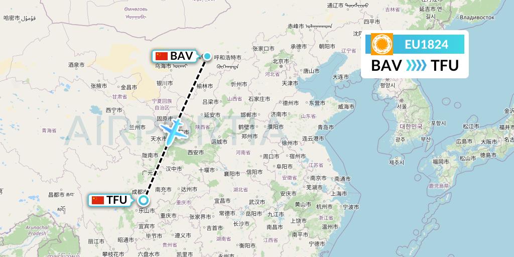 EU1824 Chengdu Airlines Flight Map: Baotou to Chengdu