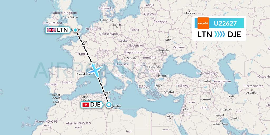 U22627 EasyJet Flight Map: London to Djerba