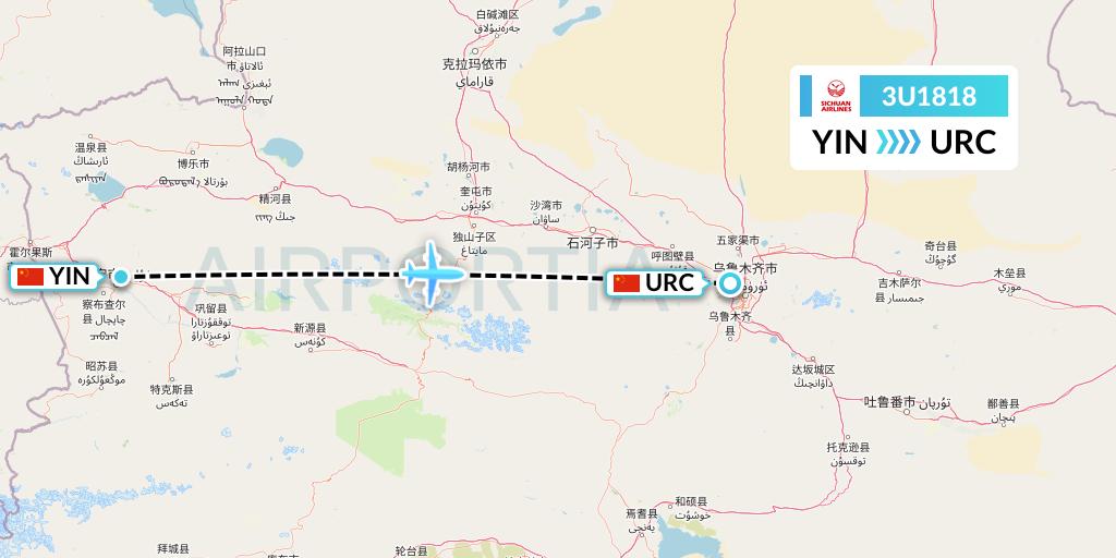 3U1818 Sichuan Airlines Flight Map: Yining to Urumqi