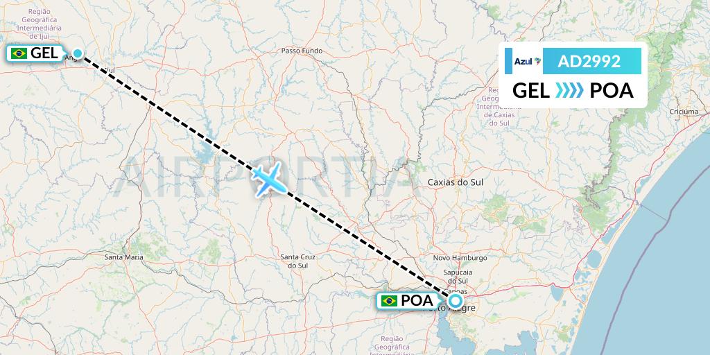 AD2992 Azul Brazilian Airlines Flight Map: Santo Angelo to Porto Alegre