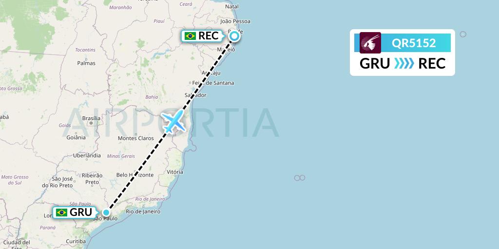 QR5152 Qatar Airways Flight Map: Sao Paulo to Recife