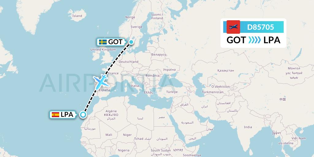 D85705 Norwegian Air International Flight Map: Gothenburg to Las Palmas