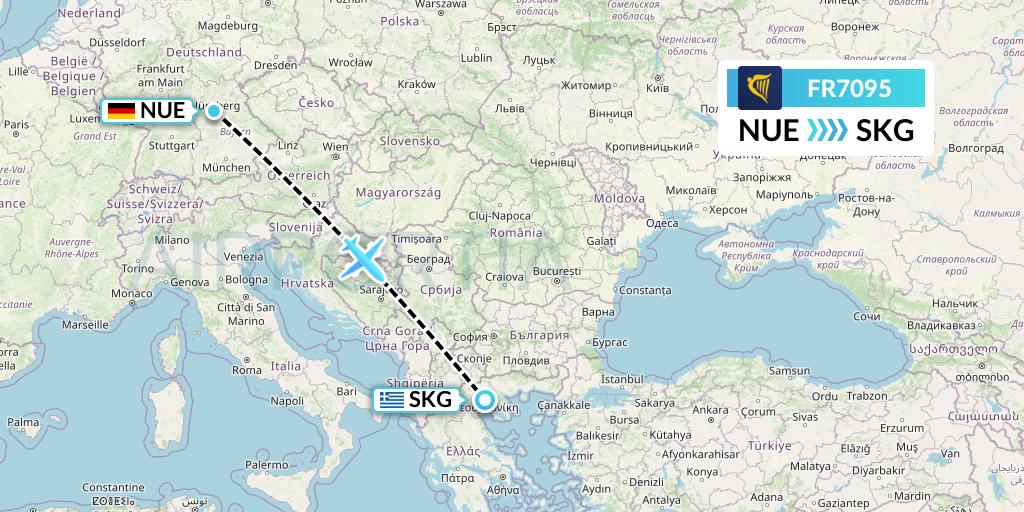 FR7095 Ryanair Flight Map: Nurnberg to Thessaloniki
