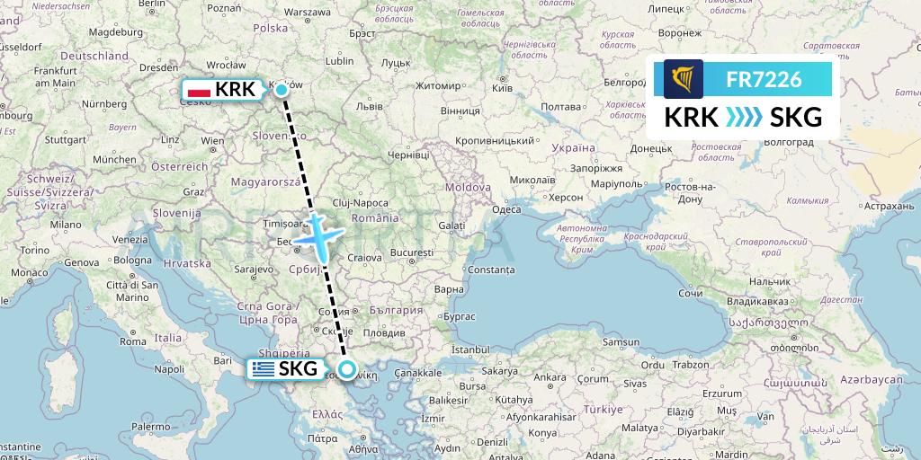 FR7226 Ryanair Flight Map: Krakow to Thessaloniki