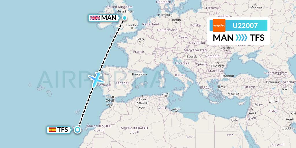U22007 EasyJet Flight Map: Manchester to Tenerife