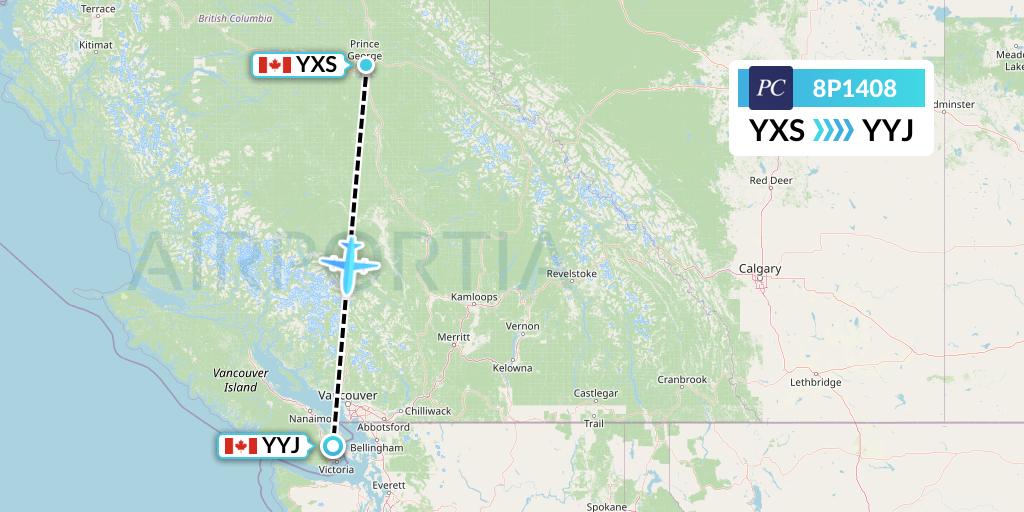8P1408 Pacific Coastal Airlines Flight Map: Prince George to Victoria