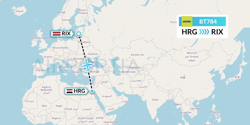BT784 Air Baltic Flight Map: Hurghada to Riga