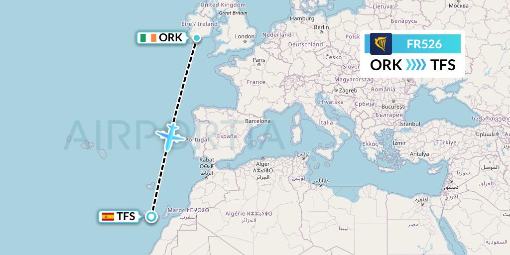 FR526 Ryanair Flight Map: Cork to Tenerife