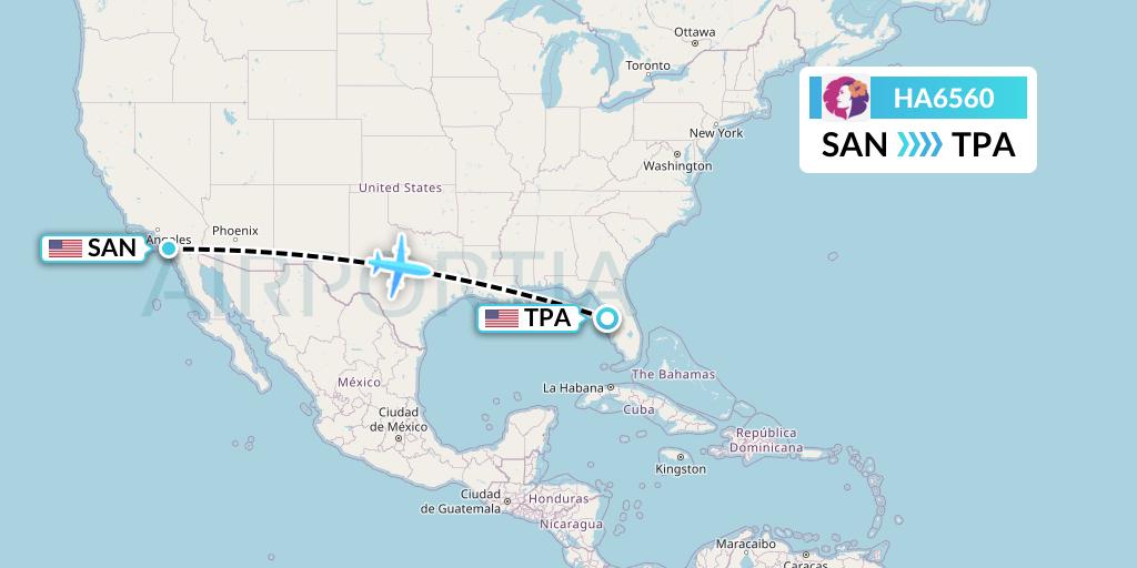 HA6560 Hawaiian Airlines Flight Map: San Diego to Tampa