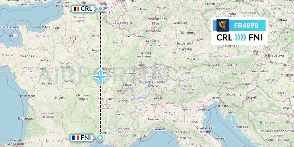 FR4898 Ryanair Flight Map: Brussels to Nimes