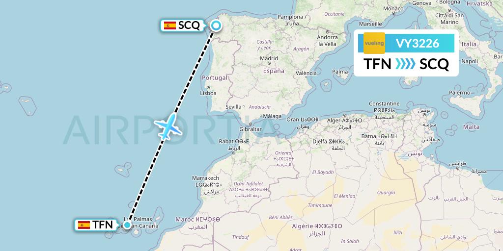 VY3226 Vueling Flight Map: Tenerife to Santiago