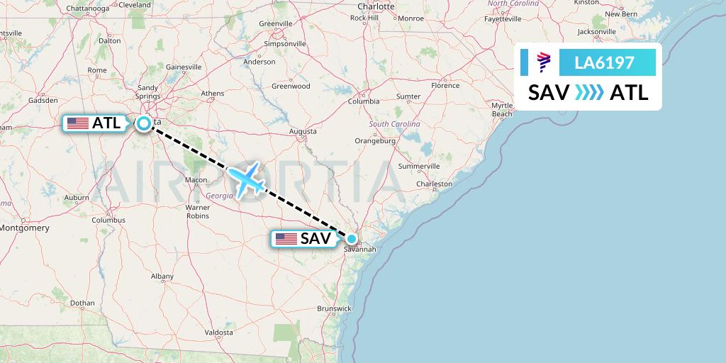 LA6197 LAN Airlines Flight Map: Savannah to Atlanta