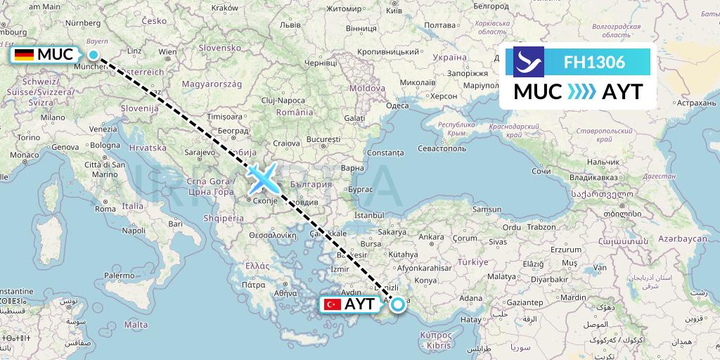 FH1306 Freebird Airlines Flight Map: Munich to Antalya