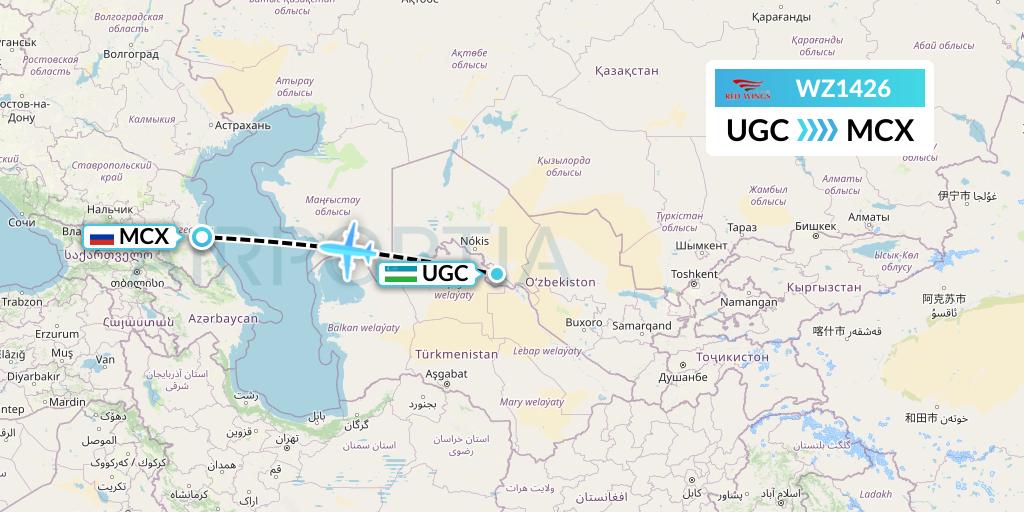 WZ1426 Red Wings Flight Map: Urgench to Makhachkala