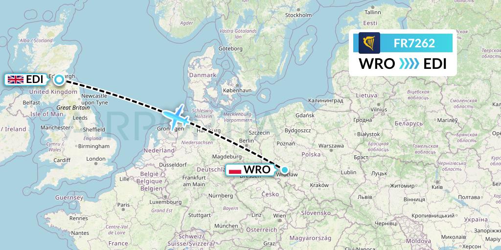 FR7262 Ryanair Flight Map: Wroclaw to Edinburgh