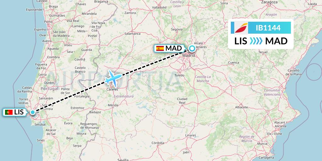 IB1144 Iberia Flight Map: Lisbon to Madrid