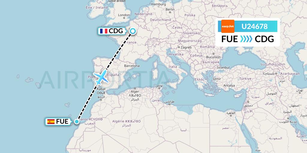 U24678 EasyJet Flight Map: Fuerteventura to Paris